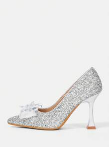 CUCCOO HITCHD 女士时尚优雅银色闪光蝴蝶结尖头细高跟鞋，适合婚礼、伴娘、派对、宴会、约会、节日、圣诞节、新年、情人节 - 銀色 - 查看 2