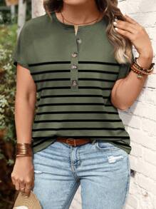 INAWLY Plus Size Women Striped Button Up Knit T-Shirt, New Design, For Summer - Army Green - View 3