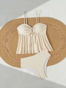 Swim Mod Women Textured Fabric Solid Color Spaghetti Strap Ruffle Hem Camisole And Bikini Set Summer