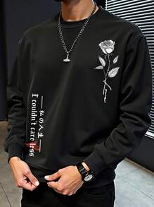 Manfinity Homme Men's Round Neck Printed Simple Casual Sweatshirt, Long Sleeve - Black - View 1