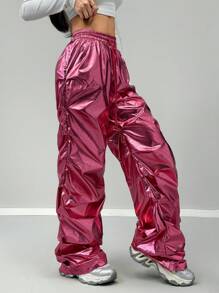 Pantalones rosas de paracaídas con cintura elástica y bolsillos para mujer, estilo Y2K