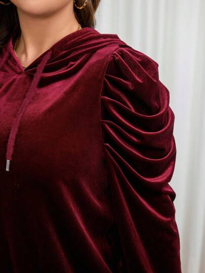 SHEIN LUNE Plus Size SHEINLUNE Burgundy Velvet Princess Sleeve Sweatshirt, Valentine, Love/Lover, Vår, Påsk