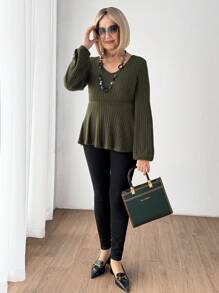 SHEIN LUNE Women's Solid V-Neck Long Sleeve Ribbed Casual T-Shirt For Autumn - Army Green - View 3