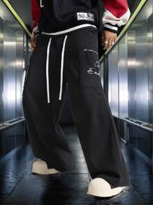 Manfinity VCAY Men's Letter Print Drawstring Waist Loose Fit Casual Wide Leg Knit Sweatpants Graphic Going Out Straight Leg Sweatpants, For Husband, Boyfriend Gifts - Black - View 1