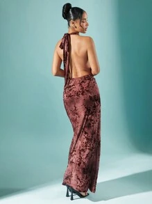 Hauture 低领露背复古印花开衩节日派对连衣裙，女士冬季服装 - 藕粉色 - 查看 3