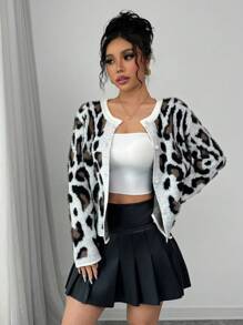 Chiquease Women Leopard Print Round Neck Pearl Button Front Long Sleeve Knit Casual Cardigan