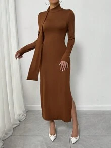 SHEIN Clasi 女士优雅纯色不对称领长袖紧身连衣裙，春秋装