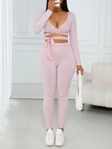 VaVaBold 2pcs Suit Set: Comfortable Casual V-Neck Cross Straps Bowknot Long Sleeve Top & Ruched Waist Leggings, Pink