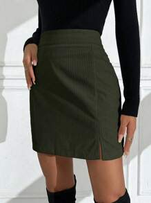 SHEIN Tall 女士修身 A 字形短灯芯绒裙子，秋季/春季 - 軍綠色 - 查看 5