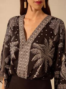 CAJUNI Women's Bohemian Tropical Floral, Coconut Tree, Toucan Print Deep V Neck Backless Loose Long Sleeve Bodysuit, Casual Vacation Summer Beach Bodysuit - Black and White - View 6