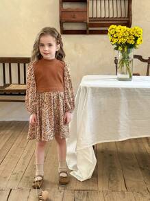 SHEIN LMoss Kids LMoss Young Girl Knit Solid Color Stand Collar Patchwork Floral Puff Sleeve Dress