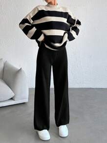 EURMUSE Striped Pattern Drop Shoulder Sweater & Knit Pants ,Petite Women - Black - View 3
