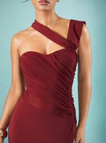 Hauture 冬季女装，女士优雅酒红色纯色单肩不对称甜心领口褶皱长款休闲紧身连衣裙，优雅女装，圣诞女装，舞会礼服，红色连衣裙。适合约会之夜、音乐会、表演、婚礼、派对、俱乐部、晚会、正式礼服 - 紅色 - 查看 2