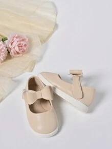 1 Pair Girls' PU Soft Bottom Comfortable Cute Bow Princess Flat Shoes, Suitable For Daily Wear