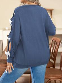 Celure Plus Size Round Neck Long Sleeve Bow Decor Casual Blouse, Everyday Wear - Dusty Blue - View 2