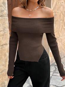 SHEIN VCAY Women's Vacation Plain Off-Shoulder Form-Fitting Long Sleeve Sweater - Brown - View 4