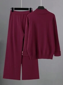 SHEIN LUNE Plus Size Women's Round Neck Button Decor Pullover & Wide Leg Pants 2 Pieces Set, Casual Loose Autumn/Winter Knit Suit - Burgundy - View 2