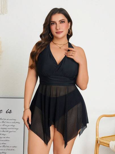 Swim Lushoire Plus Size Women's Solid Color Striped Lace Hem Two-Piece Tankini Swimsuit, Suitable For Daily Wear, Summer Vacation, Beach