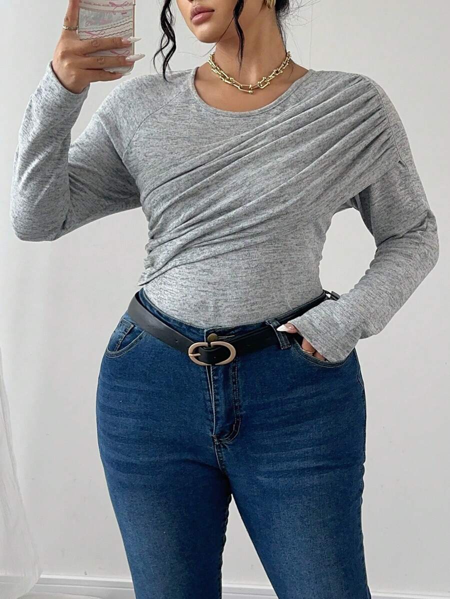 SHEIN Unity Crew Neck Pleated Solid Color Elastic Fitted Elegant T-Shirt