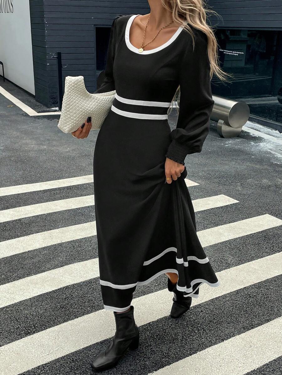 SHEIN LUNE Women's Elegant French Style Color Block Round Neck Long Sleeve Dress, Suitable For Family Gathering - Black - View 1