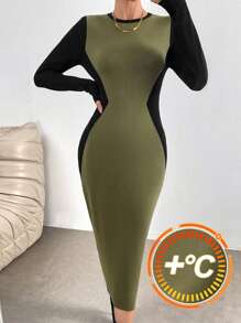 Mulvari 1 pieza Vestido de punto ajustado con bloque de color y empalmes para mujer, estilo urbano para el otoño/invierno