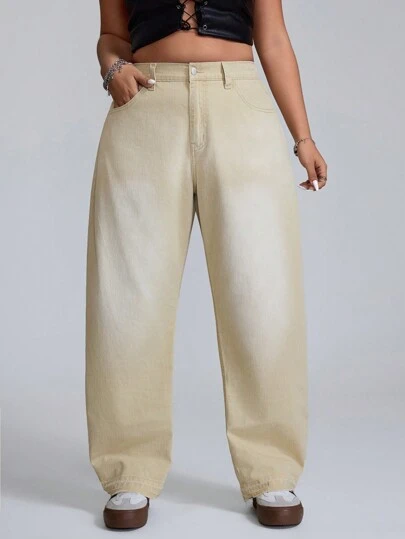 SHEIN ICON Jeans de mezclilla informales de diseño sencillo con bolsillo delantero y cierre de botones para mujer de talla grande, para uso diario