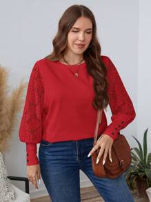 SHEIN LUNE 大码女式圆领撞色蕾丝长袖优雅上衣商务休闲女士派对服装节日装 - 紅色 - 查看 4