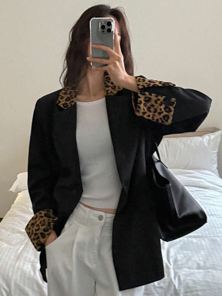 Women's Casual Contrast Leopard Print Patchwork Black Blazer Jacket, Autumn Cheetah Print, Fall Women Clothes Business Attire