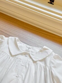 SHEIN Young Girls' Elegant French Style White Loose A-Line Long Shirt, Autumn/Winter - White - View 7