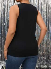 EMERY ROSE Camiseta sin mangas de mujer talla grande de cuello redondo, color negro sólido, con espalda cruzada y abertura - Negro - Ver 2