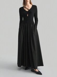 Ontre 女士黑色纯色不对称领口长袖镂空优雅连衣裙，春季 - 黑色 - 查看 5