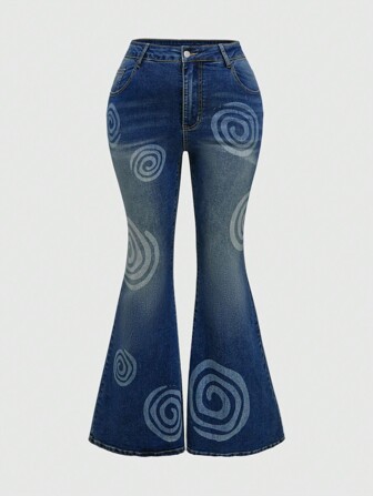 Grunge Punk Pantalones vaqueros de pierna acampanada con estiramiento alto y estampado en espiral, estilo grunge para tallas grandes