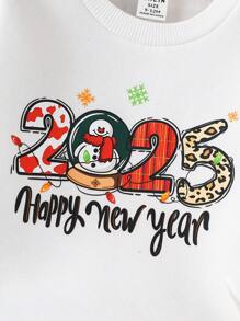 Toddler Boys' 2025 New Year Festival Letter Print Long Sleeve Fleece Crew Neck Sweatshirt, Baby Boy White Hoodie