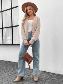 SHEIN LUNE Button Front Drop Shoulder Cardigan - Apricot - View 5