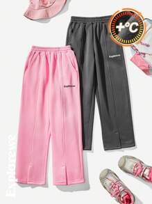 SHEIN 2pcs Girl Teenage Wide Leg Sweatpants, Letter Print, Split Hem, Casual Sports Loose Fleece Pants - Multicolor - View 1