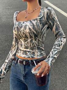 Chiquease 美国休闲街头风格草编图案方领收腰 T 恤女式图案 T 恤女式上衣 - 軍綠色 - 查看 4