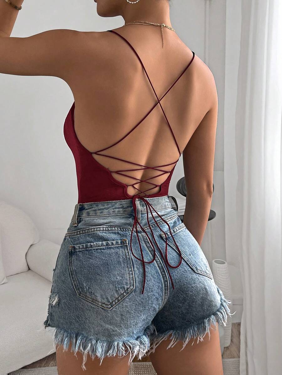 SHEIN Essnce 纯红色性感交叉露背细肩带紧身衣，勃艮第红夏季女士露背紧身衣