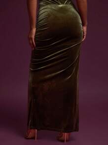 MUSERA Velvet Ruched Extreme Split Maxi Skirt Elegant Summer Sexy Party - Army Green - View 4