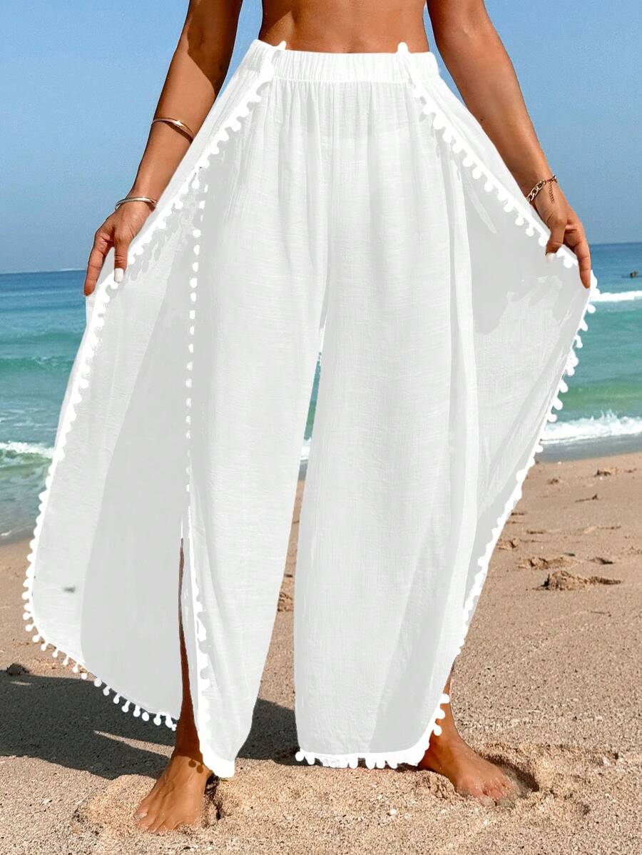 Swim Vcay Summer Outfits For Women Women Beach Vacation Solid Color Side Slit Coverup Top And Pants Set Summer