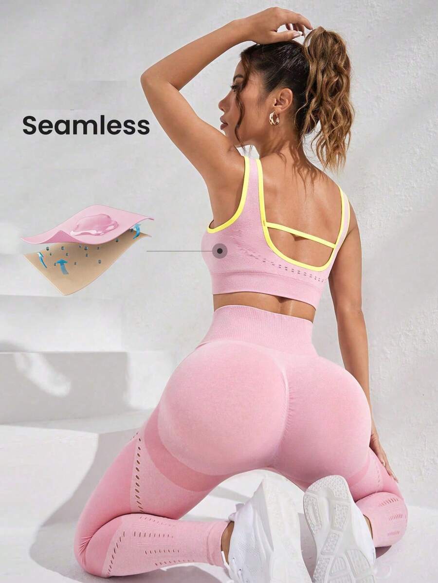 Easithlete 对比色绑带镂空后背运动套装健身套装女士健身套装 - 淺粉色 - 查看 1