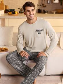 SHEIN Men's Plaid Long Sleeve Shirt & Pants Pajama Set, Fall Winter Clothes - Apricot - View 7