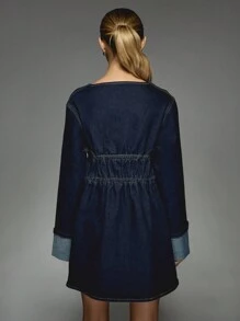 MISSGUIDED Bow Detail Plunge Neck Long Sleeve Denim Mini Dress