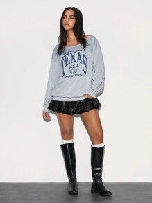 SHEIN Unity 1 件女士休闲百搭简约舒适露肩露肩字母印花长袖运动衫，秋冬 - 杏色 - 查看 3
