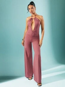 SHEIN Unity Mono de pierna ancha con escote halter y espalda abierta con fruncidos recortados - Rosa Oxidada - Ver 1