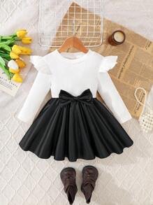 SHEIN Baby Girl Casual Colorblock Bow Decor Patchwork Dress, Autumn - White - View 1