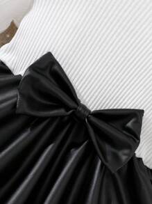 SHEIN Baby Girl Casual Colorblock Bow Decor Patchwork Dress, Autumn - White - View 3