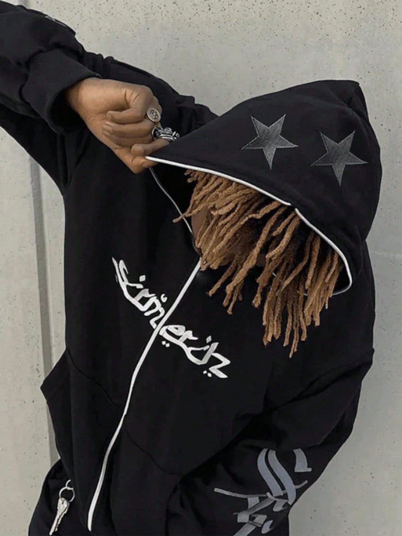 SHEIN Manfinity Dauomo Men's Street-Style Black Hooded Zip-Up Sweatshirt With Star Print