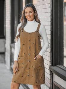 SHEIN LUNE 女士灯芯绒刺绣吊带短款连体裤 - 卡其色 - 查看 4