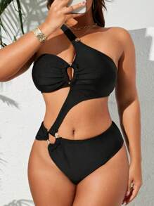 Swim SXY 大码纯色不对称开叉高腰女式连体泳衣，休闲度假夏季 - 黑色 - 查看 5