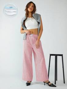 SHEIN EZwear 女款休闲红色条纹梭织阔腿裤 - 紅白色 - 查看 3